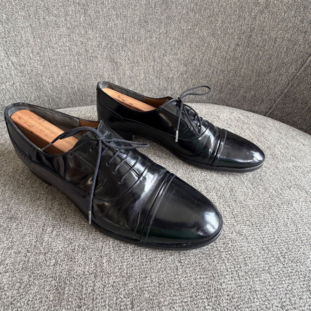 Bally Mens Black Leather Cap Toe Oxford Dress Shoes Size 10 D Made in Italy